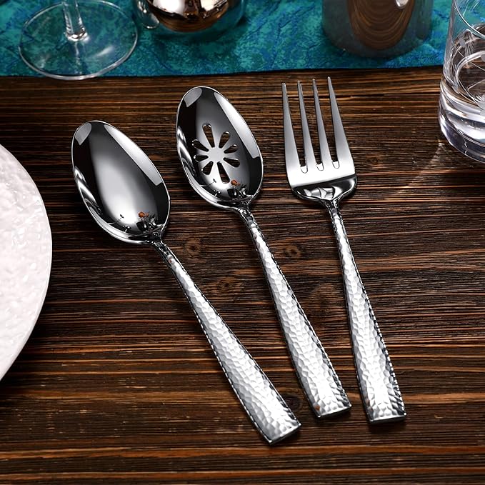 KEAWELL Premium Louis Hammered Table Utensils, 18/10 Stainless Steel, Squared Edge, Mirror Finish, Dishwasher Safe (Serving Spoons, Set of 2)