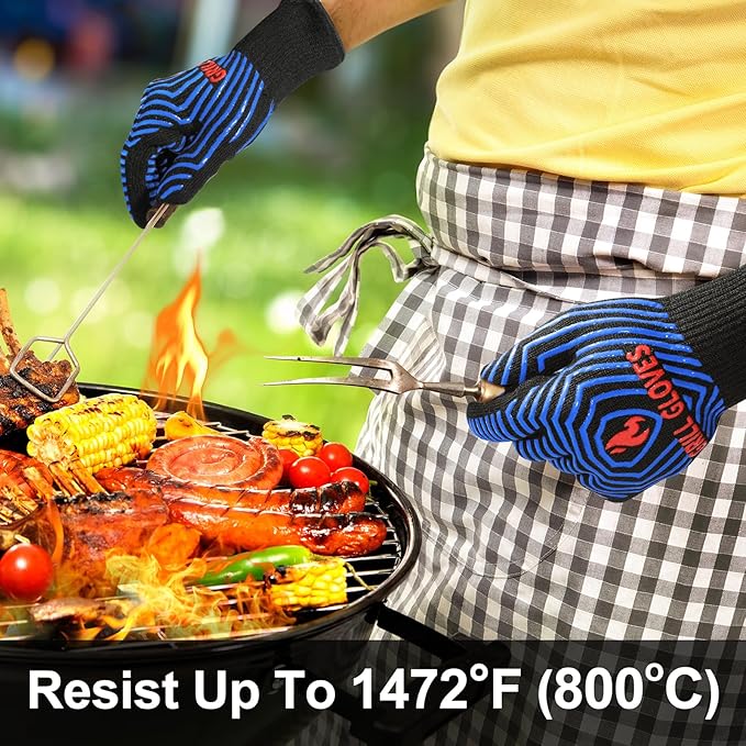QUWIN BBQ Gloves, Oven Gloves 1472??Extreme Heat Resistant, Grilling Gloves Silicone Non-Slip Oven Mitts, Kitchen Gloves for BBQ, Grilling, Cooking, Baking-1 Pair (One Size Fits Most, Black/Blue)