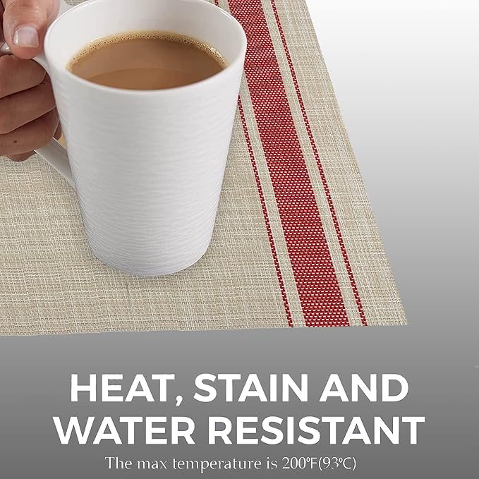 More D챕cor Dining Table Placemats, Washable Heat-Resistant PVC Vinyl Table Mats for Dining Room and Kitchen, Anti-Slip - Set of 4 - Vertical Striped Red - Grey