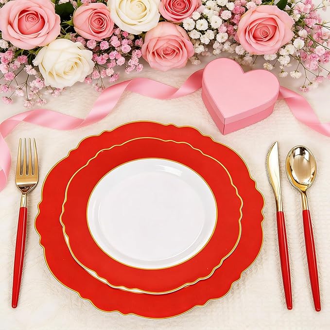 WDF 60pcs Red Christmas Plastic Plates Disposable - 7.5inch Heavy Duty Red Dessert/Salad/Cake Plates for Valentine's Day