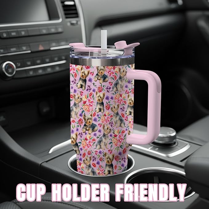 Yogusut Yorkie Gifts for Women, 40oz Stainless Steel Insulated Tumbler Travel Mug Cup with Handle Straw, Gifts for Dog Mom Dog Lover