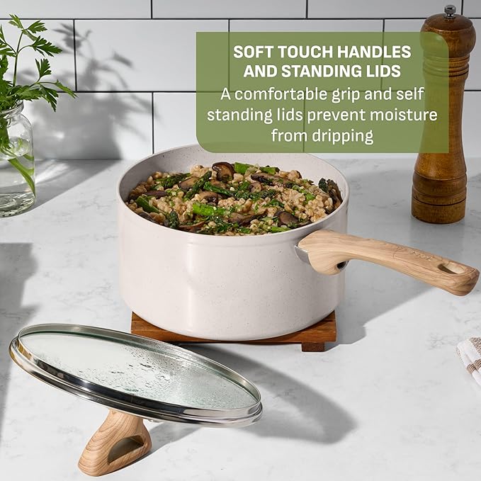 T-Fal Revive Ceramic Nonstick Cookware Set, Oven Safe Up to 350쨘F, 12-Piece, Includes Stockpot, Saucepan, Skillet, Frying Pans, Utensils, Ceramic Pots and Pans Set, Beige Granite