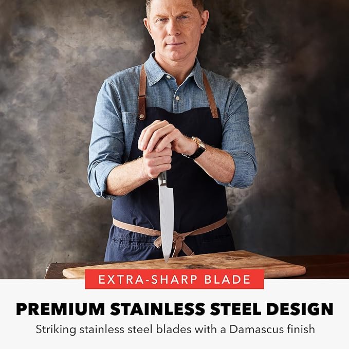 GreenPan x Bobby Flay 8" Chef's Knife with Sheath, Premium Stainless Steel Blade, Precision Cutting Kitchen Tool, Ultra-Sharp Cutlery, Hand Finished Ergonomic Wood Handle, Damascus Steel Design