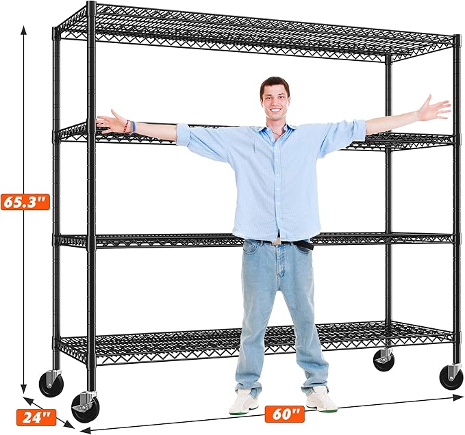 REIBII 60" W 횞24" D횞65.3" H, 4 Tier Wire Shelving 2878LBS Heavy Duty Steel Storage Rack Shelving Adjustable Shelves for Warehouses, Garages, Kitchens, and Commercial Spaces/Premium Wheels 2 Pack