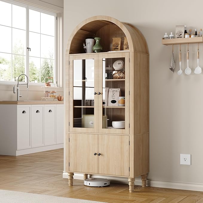 71" Tall Arched Pantry Cabinet, Modern Kitchen Storage Cabinet with Doors, 3 Adjustable Shelves, Door Shelves, Organizer, Versatile Cupboard for Kitchen, Bathroom, Natural