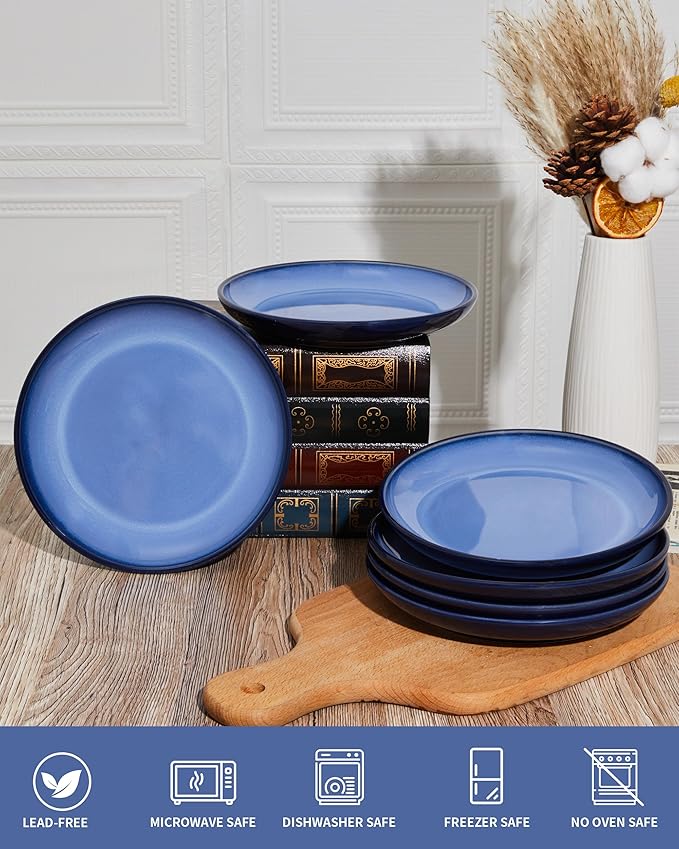 Ceramic Plates Set of 6, 8.0 Inch Reactive Glaze Dessert Plates, Modern Dinnerware Dishes Set for Kitchen, Microwave & Dishwasher Safe, Scratch Resistant-Light Blue