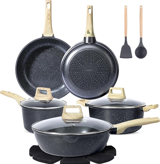 GiPP Pots and Pans Set Non Stick - 10 Pcs White Granite Kitchen Cookware Sets Nonstick Induction Cookware Cooking Pan Set with Frying Pans, Saucepans and Silicone Utensils, PFOS & PFOA Free, Gray