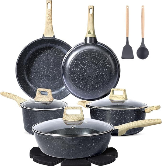 GiPP Pots and Pans Set Non Stick - 10 Pcs White Granite Kitchen Cookware Sets Nonstick Induction Cookware Cooking Pan Set with Frying Pans, Saucepans and Silicone Utensils, PFOS & PFOA Free, Gray