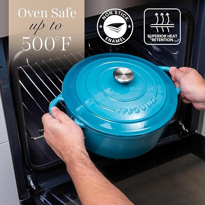 Nuovva Enamelled Cast Iron Dutch Oven Pot with Lid 6.4 Quart Non Stick Casserole Pot ??Heavy Duty & Oven Safe up to 500째 F for Bread Baking, Braising, Stews, Roasting ??28cm Light Blue