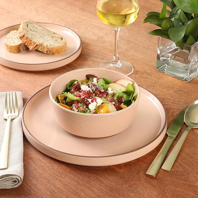 Gibson Elite Northrock Stoneware Dinnerware Set, 12-Piece Service for 4 Plates and Bowls Set ??Pink Dishes with Hand-Painted Terracotta Base