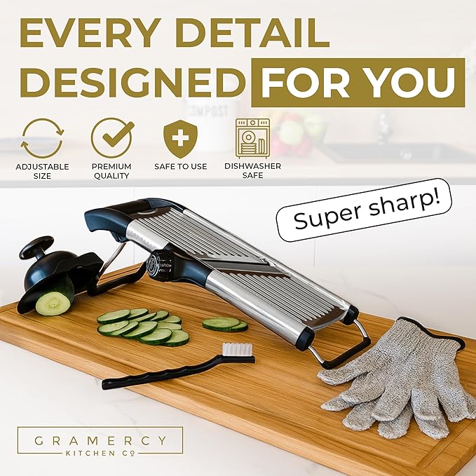 Gramercy Adjustable Mandoline Food Slicer, Mandoline Slicer for Kitchen, Mandolin, Potato, Tomato, Carrot, Vegetable, Fruit and Onion Cutter - Stainless Steel - INCLUDING 1 Pair Cut-Resistant Gloves