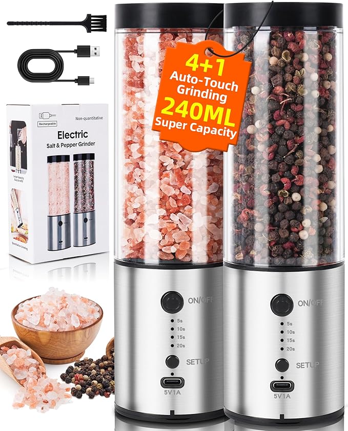 Electric Salt and Pepper Grinder Set, 2-Pack 480ML Capacity, USB-C Rechargeable 4-Timing Settings, Automatic Salt and Pepper Shakers, One-Handed Operation, Birthday Gifts for Women Mom