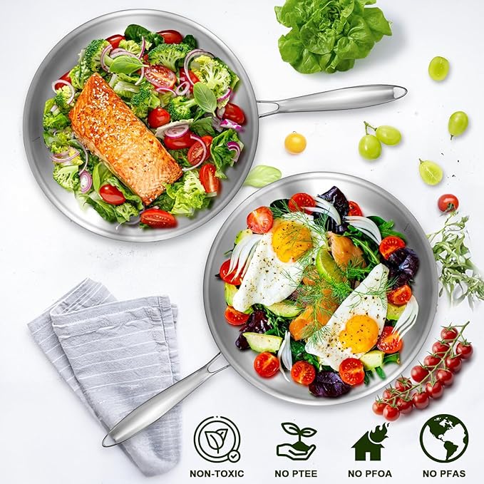 EWFEN 12 Inch Tri-Ply Stainless Steel Frying Pan, Compatible with All Cooktops Up to 600?? Large Frying Pan with lids, Induction-Ready Skillet, Dishwasher and Oven Safe, Fast & Even Heat, Heavy Duty