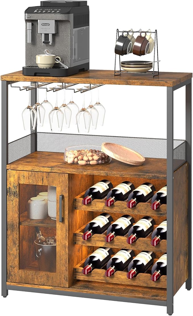 Vintage Industrial Wine Bar Cabinet with Adjustable Wine Racks and Glass Holders, Mesh Door Sideboard Storage Cabinet for Living Room, Kitchen, Dining Room, Compact Design,Retro Color with Light