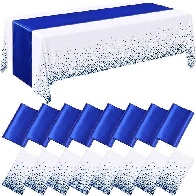Tudomro 16 Pcs White and Royal Blue Disposable Plastic Tablecloths and Satin Table Runner Set 54x108 Inch Tablecloth 12x108 Inch Table Runners for New Year Wedding Birthday Baby Shower Graduation