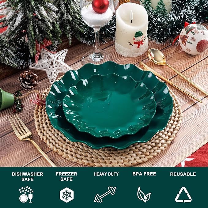 LIYH 50 Pcs Green Plastic Christmas Plates Reusable - Christmas Plastic Plates Unbreakable Holiday Dinnerware Dishes Fancy Scalloped Plate Dishwasher Safe BPA Free for Xmas Day (25Guests)