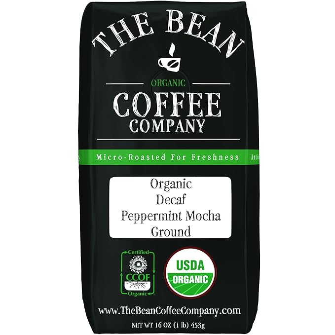 The Bean Organic Coffee Company Water Processed DECAF Peppermint Mocha, Medium Roast, Ground Coffee, 16-Ounce Bag, Caf챕 Molido Tostado Org찼nico descafeinado