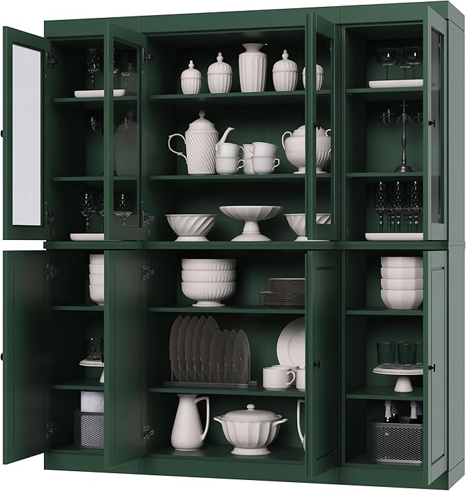 Palace Imports 100% Solid Wood Kitchen Pantry Hutch, Green, 65" w x 71.5" h x 15.5" d, Renewable Eco-Friendly Wood, Made in Brazil