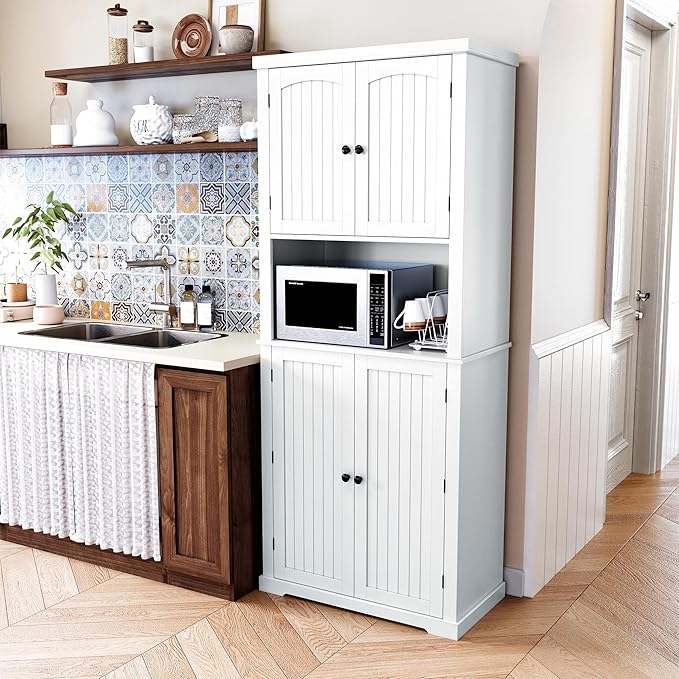 HLR 72" Kitchen Pantry Storage Cabinet, Freestanding Larder Cupboard, Kitchen Hutch Cabinet with Microwave Stand,Utility Pantry with Doors and Shelves for Dining Room, Living Room