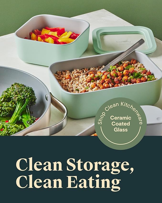 Caraway 6pc Glass Food Storage Set ??6.6 Cup Food Containers (6) - Ceramic Coated - Non Toxic, Non Stick with Lids - Microwave Safe - Gray