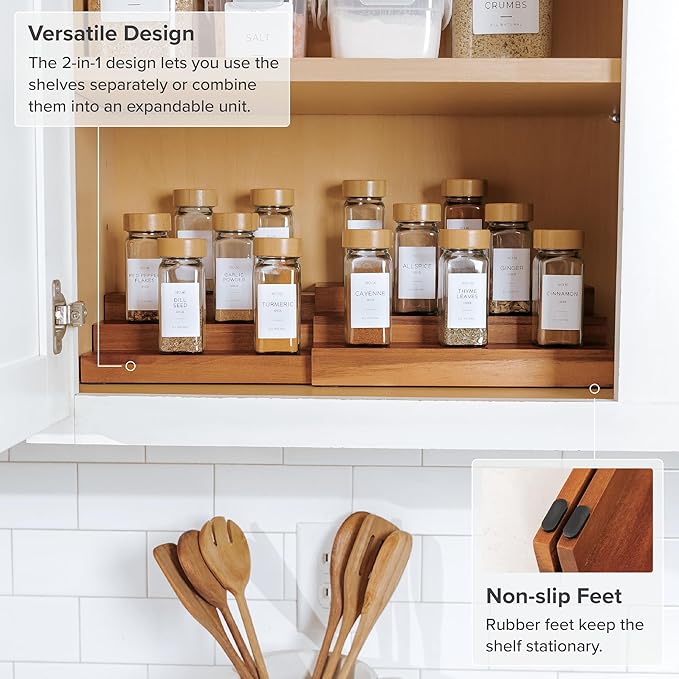 KitchenEdge Expandable Spice Rack Organizer for Cabinet, 3-Tier Shelf for Spice Organization (11??to 22??, Fits 36 Spice Jars, Seasoning and Pantry Storage, Non-Slip Feet, 100% Acacia Wood