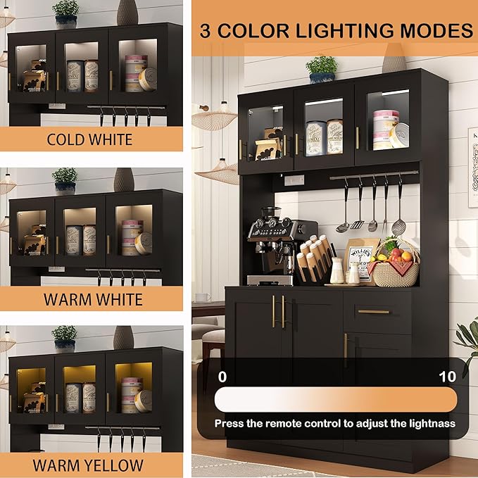 Tall Kitchen Pantry Cabinet with Hutch: Food Pantry Storage Cabinet with Drawers, Black Kitchen Cupboard Cabinets Free Standing, Buffet Hutch Cabinets with Doors and Shelves (Black)