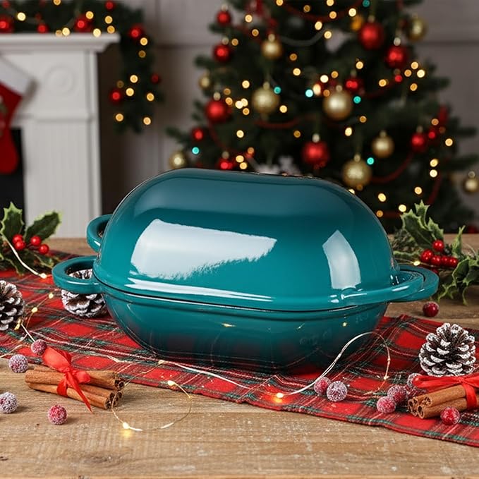 Onader Enameled Cast Iron Dutch Oven, Oval Dutch Oven Pot with Lid for Sourdough Bread Baking, 2.8QT Meatloaf Pan, Heavy Duty - Dark Cyan