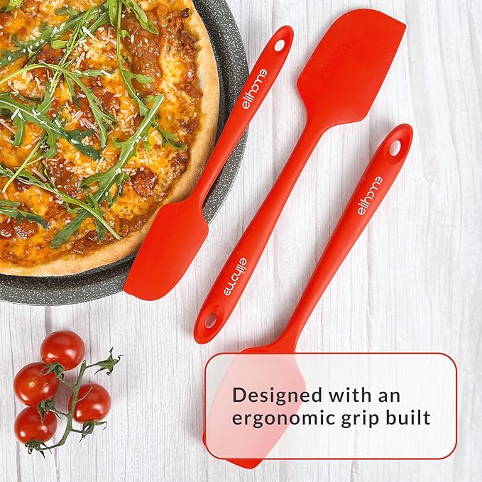 Elihome Chef Series 3 Piece Silicone Spatula Set - 600째F Heat Resistant Non Stick Rubber Kitchen Scraper Spatulas for Cooking, Baking, and Mixing ??BPA Free and LFGB Certified Silicone (Red)