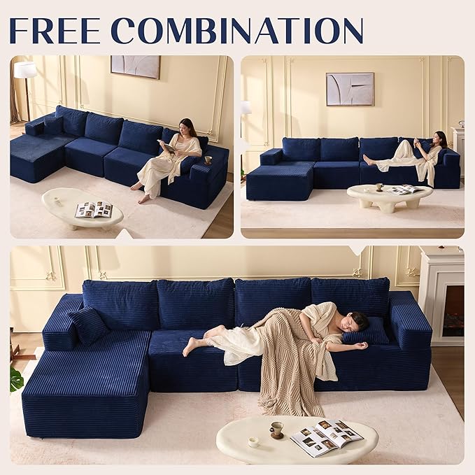 138" Boneless Couch with Deep Seat, Modular Sectional Sofa, Cloud Sectional Couch for Living Room, No Assembly Required, Corduroy, 4 Seater L-Shape Left, Blue