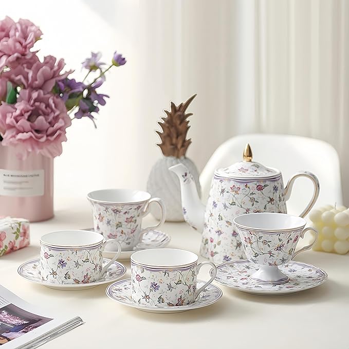 GOMMO Vintage Style Floral Tea Cup and Saucer Set for 1, English Elegant Fine China Tea Cup, 7 oz Cappuccino Espresso Latte Mug (1, Vintage Floral)