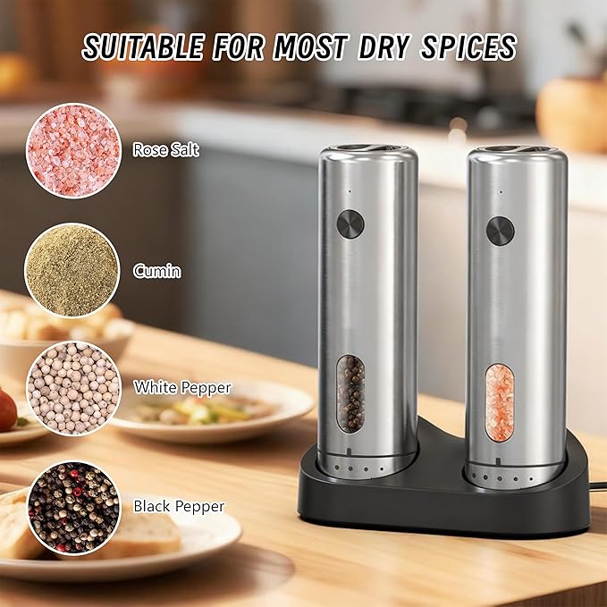 Electric Salt and Pepper Grinder Set - Rechargeable External Adjustment LED Light Dual Charging Base Upgraded Large Capacity with 110ml Top-Refill Stainless Steel Automatic Pepper Shakers