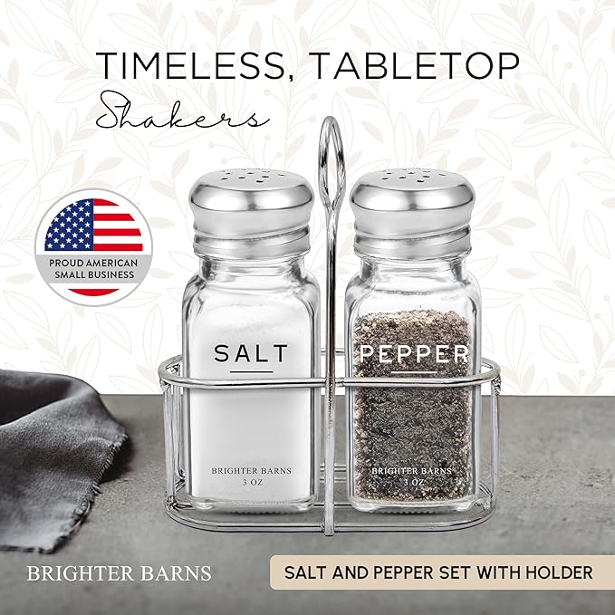 Glass Salt and Pepper Shakers Set with Holder by Brighter Barns - Modern Kitchen Decor, Dining Table Countertop Accessory - Cute Salt and Pepper Set with Caddy for Restaurants, Farmhouse Decor (Clear)