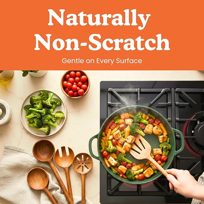 Non-Toxic Cooking Utensils ??6-Piece Kitchen Utensils Set, Glue-Free & One-Piece Wooden Spoons for Cooking, Natural Wooden Utensil Set with Plant-Based Finish, Free of Forever Chemicals