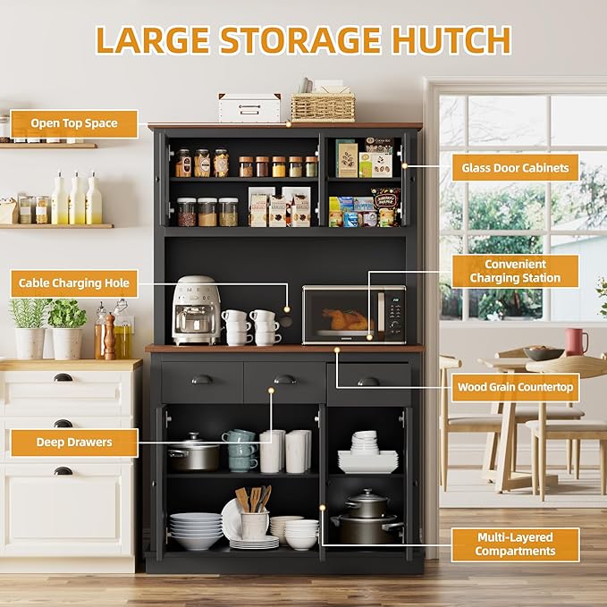 71" Kitchen Hutch with Charging Station, Tall Pantry Storage Cabinet with Microwave Stand, Adjustable Shelves, Slide Drawers, Large Buffet Pantry Cabinet for Kitchen, Dining Room, Black