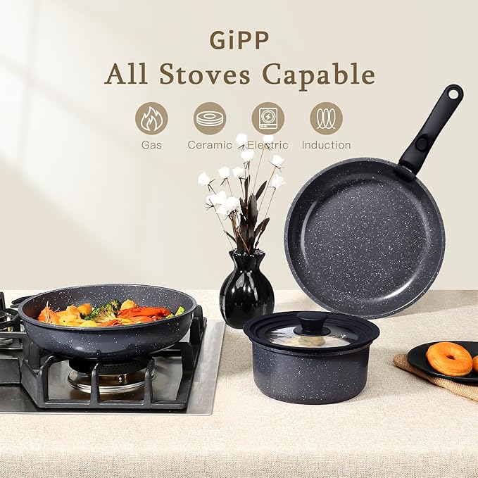 GiPP Ceramic Pots and Pans Set Non Stick, Nonstick Detachable Handle Cookware Sets, Healthy Non Toxic PFAS PFOA & PTFE Free, Dishwasher 竊냀ven Safe, Induction Kitchen Pot and Pan, 8 Piece Grey