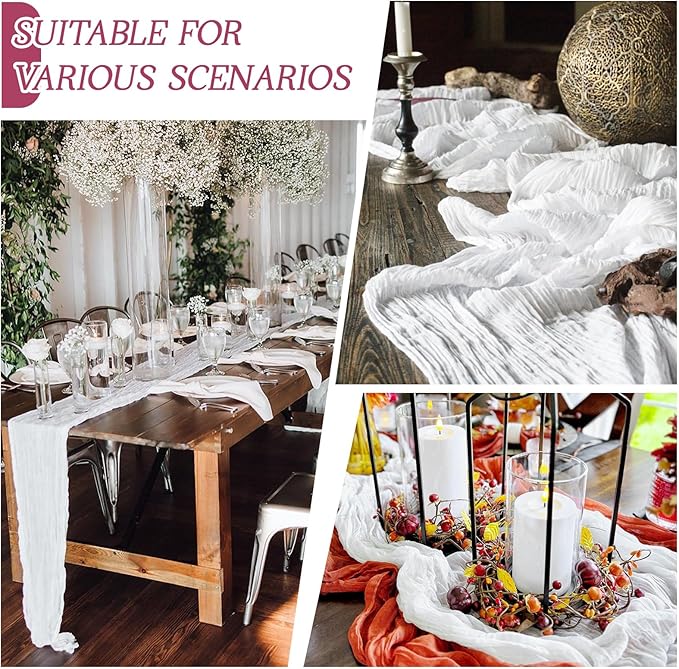 RealBox 6 Pack White Cheesecloth Table Runner 17x108 Inch Semi Sheer Boho Gauze Cheese Cloth Fabric Table Runners Table Decor for Wedding Party Baby Shower Birthday Home Decor Garden Farmhouse