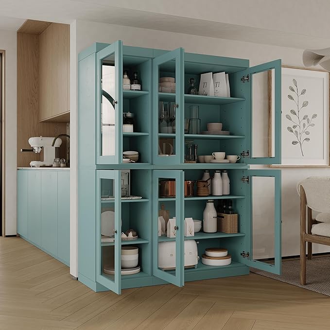 Palace Imports 100% Solid Wood 48.5" Pantry China Cabinet with Clear Glass Doors and Adjustable Shelves (Aqua)