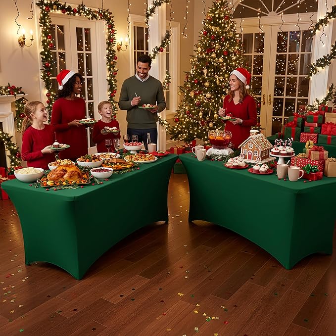 Enjoyidea Table Cover for 6 Foot Rectangle Tables-8 Pack Hunter Green Fitted Stretch Tablecloth-Spandex 6ft Christmas Tablecloth for Party, Vendor Booth Display, Banquet Buffet Event, Craft Trade Show