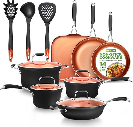 NutriChef 14-Piece Nonstick Kitchen Cookware Set ??PFOA/PFOS-Free, Copper/Hard-Anodized, Induction Compatible, Stackable, Luxury Design, Includes Pots, Pans, Jumbo Cooker, Griddle, and Utensils