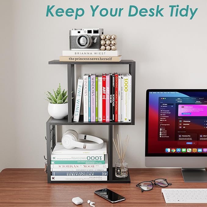 Bookshelf Desk Organizer竊?-Tier Shelf for Top of Desk Workspace Organizers for Office Accessories, Black