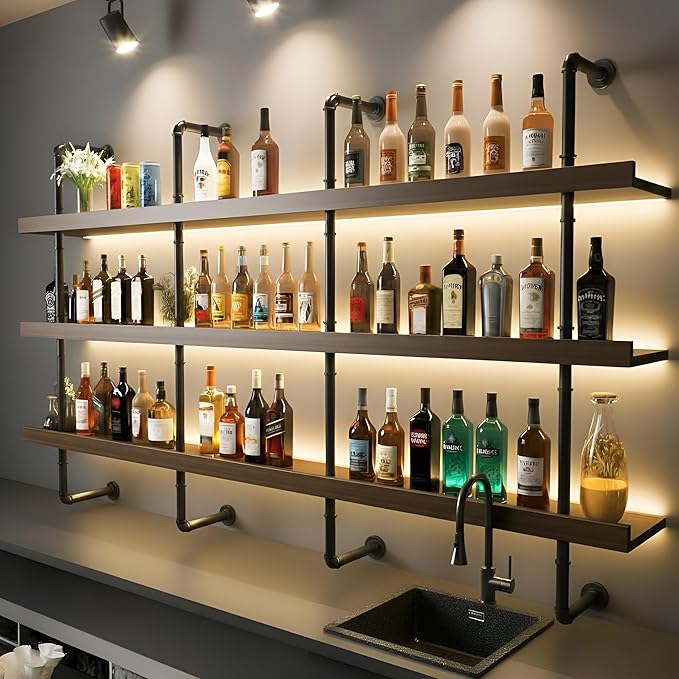 59-inch Modern Wall-Mounted Wine Rack with LED Lights, 3-Tier Liquor Bottle Display Bar Shelves, Industrial Wine Rack Floating Shelf, Multifunctional Wine Storage Rack for Home, Kitchen or Bar Decor