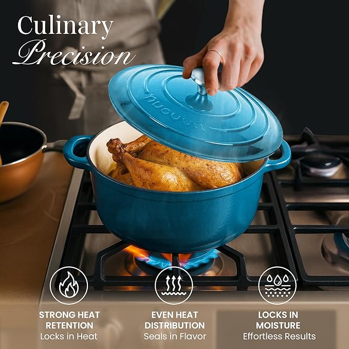 Nuovva Enamelled Cast Iron Dutch Oven Pot with Lid 6.4 Quart Non Stick Casserole Pot ??Heavy Duty & Oven Safe up to 500째 F for Bread Baking, Braising, Stews, Roasting ??28cm Light Blue