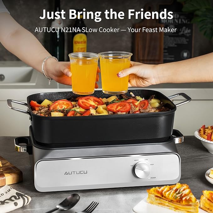 Slow Cooker 10-Quart - PFOA-Free Ceramic Coating, Oven Safe to 450째F | Keep Warm Function for Large Family Gatherings (Includes Silicone Spoon)