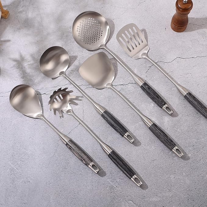 18/10 Stainless Steel Kitchen Utensils Set with Wooden Handle, 8Pcs 15??Long Cooking Utensil Set & Kitchen Gadgets Cookware Set, Serving Utensils-Spatula, Turner, Pasta, Serving Spoon, Skimmer, Ladle