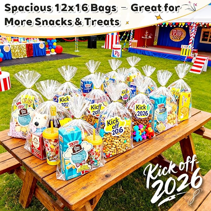 PigPotParty Cellophane Bags 12"x16", 100 Pack Clear Gift Bags, Bottom Gusset for Stand-Up Display, Medium Plastic Cellophane Gift Wrap, Ideal for Large Goodies, Treats, Favors, Mugs, Includes 100 Ties