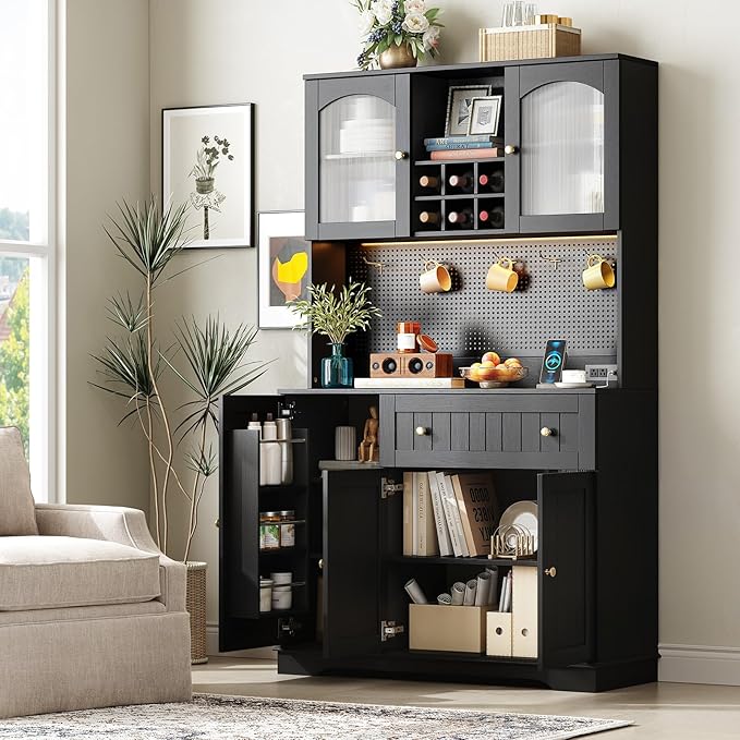 ONBRILL 71" Kitchen Pantry Cabinet with Microwave Shelf & Door Shelves, Kitchen Hutch with Outlet & LED Light, Wood Pantry Storage with DIY Pegboard & 6 Hook, Modern Cabinet with Drawer & Wine Rack