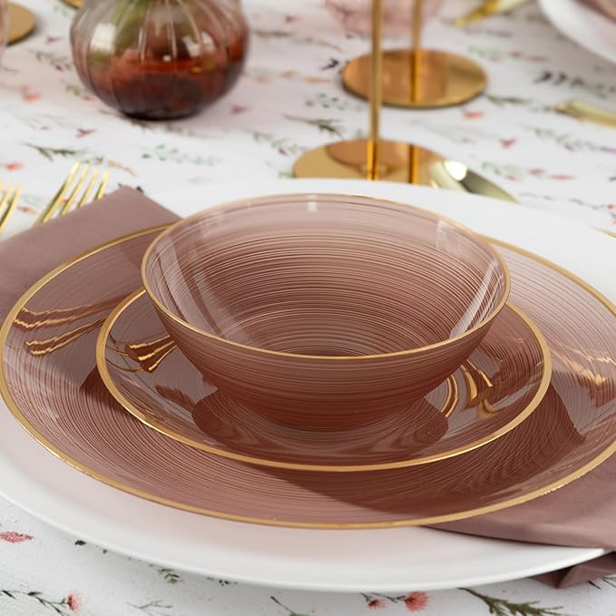 PLASTICPRO 128 Pieces Crystal Design Plastic Plates Combo Pack 64-7 inch and 64-10 inch Elegant Disposable Plates, Rose Color With Gold Rim