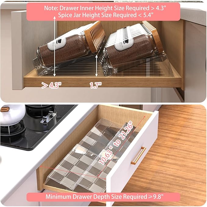 4-Tier Non-Slip Spice Drawer Organizer, 4-Pack Checkered Frosted Clear Acrylic, Expandable (11''-22'') Spice Rack for Kitchen Drawer Storage ??Holds Seasonings, Herbs, and Spices (Jars Not Included)