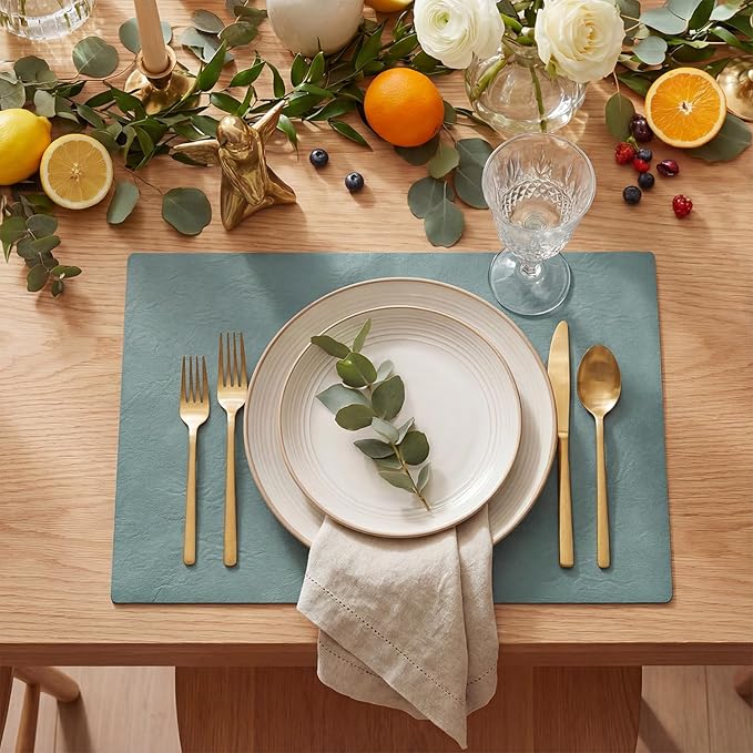 Artoid Mode Blue Faux Leather Placemats Set of 4, 12x18 Inch Waterproof Wipeable Heat Resistant Place Mats, Reversible Table Mats for Winter Kitchen Dining Decor