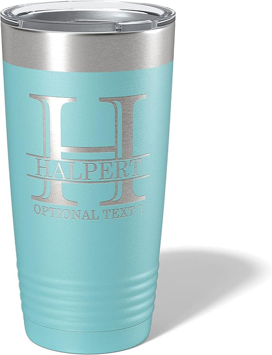 Personalized 20oz (17 Colors) Powder Coated Insulated Stainless Steel Tumbler with Lid, Custom Etched, Customized Engraved Gift Idea for Women Men Her Him, Halpert Monogram Initial Name (Teal)